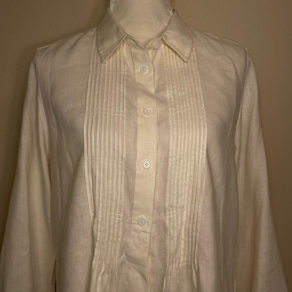 Vivid Linen Pleated Button Up Blouse With Roll Tab Sleeves Size Large - Picture 7 of 16